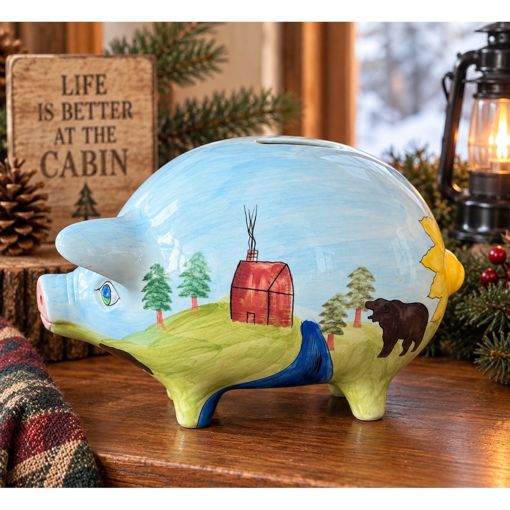 Vintage 2001 Annaco Creations Piggy Bank Hand Painted Woodland Cabin Moose Bear